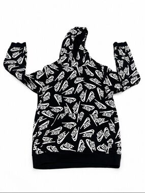 Nike Youth XL All Over Logo Hoodie Black White Swoosh Pullover Sweatshirt